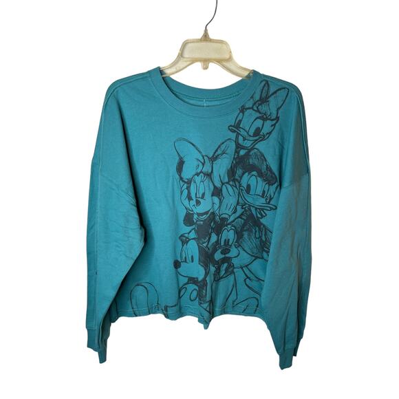 Disney Mickey and Friends Cropped Teal Long Sleeve Crewneck Sweatshirt - Picture 1 of 5